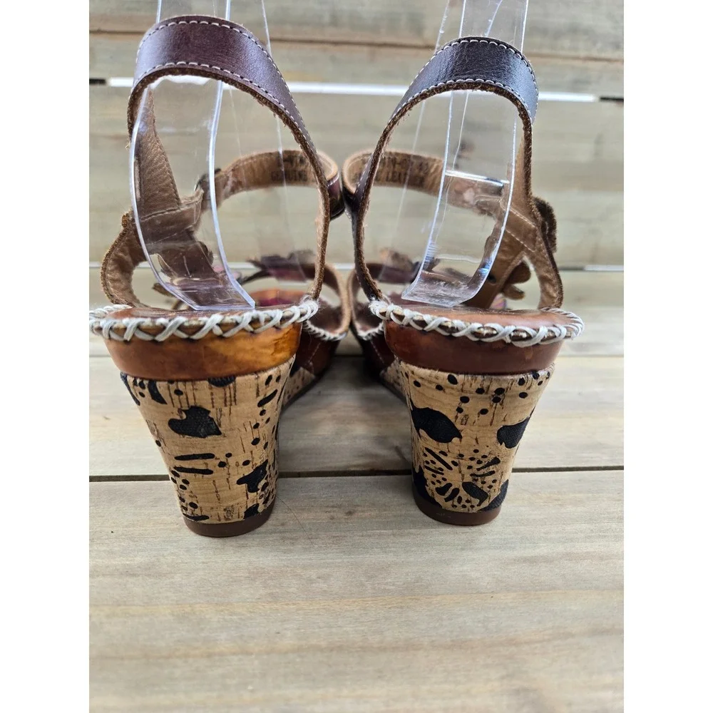Spring Step L'Artiste Brown Leather Floral Wedge Sandals Hand Painted Women 42